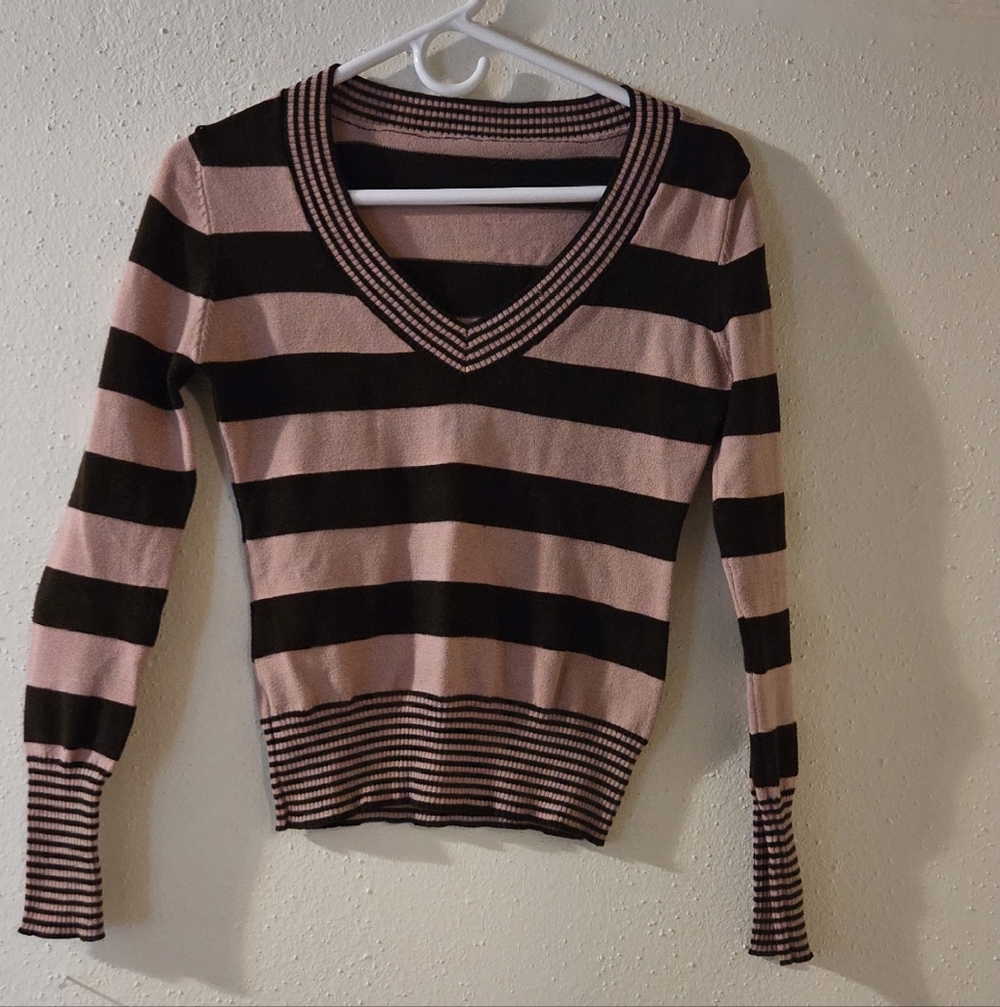 Elegant Pink and Dark Purple Striped V-Neck Sweater (Sz. S)